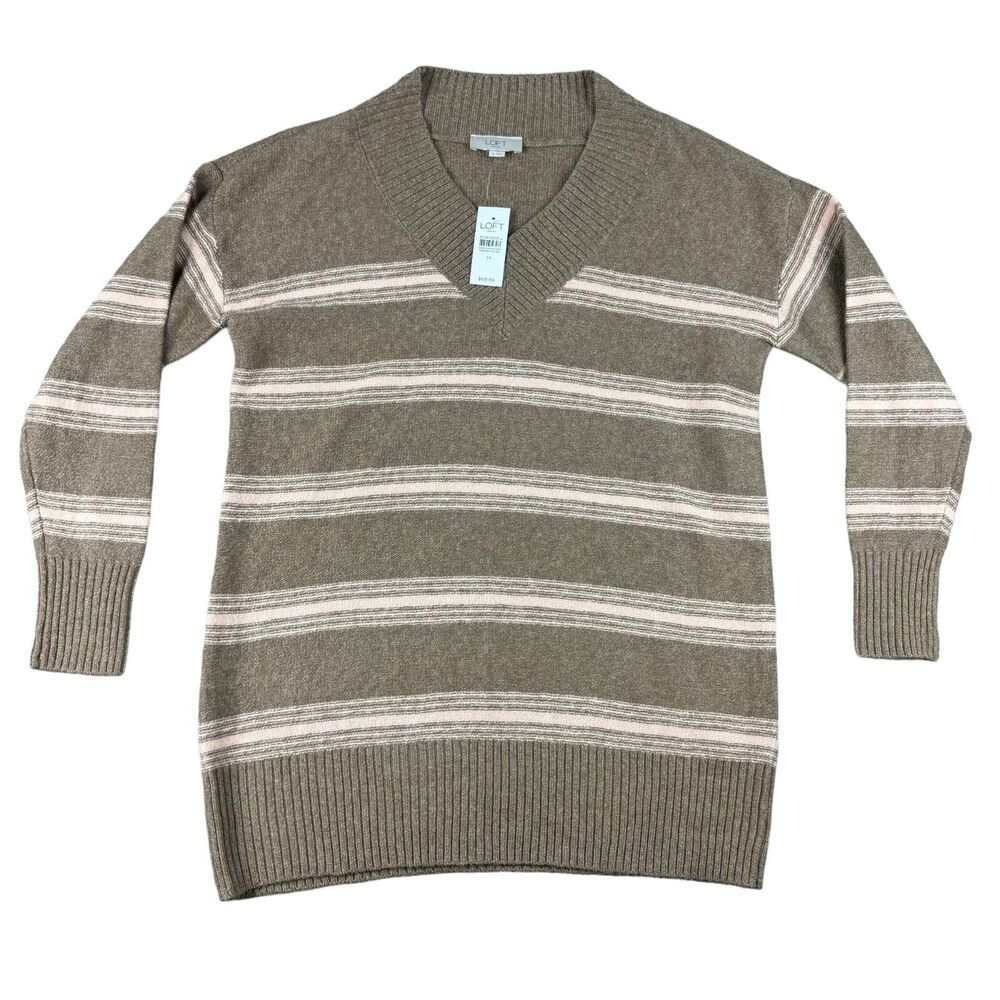 Loft Sweater Women’s Medium Pink Brown Striped Long Sleeve Knit Cottagecore NWT
